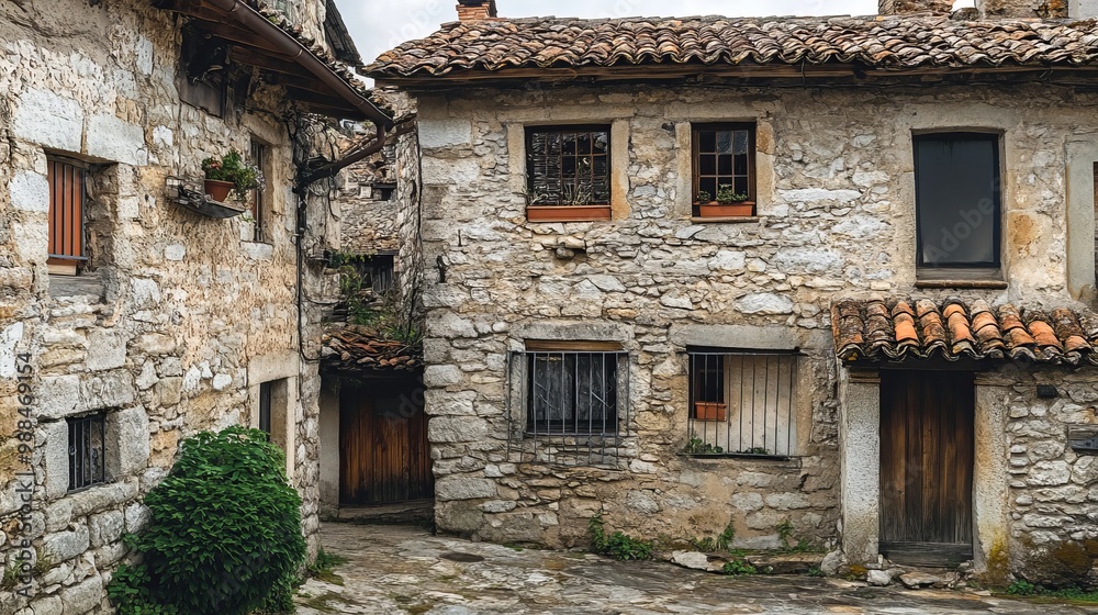 Fototapeta premium Old stone houses in San Millán de Lara, Burgos Province, Spain