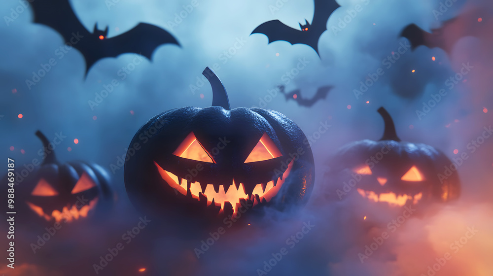Fototapeta premium 3D Halloween Banner with Glowing Pumpkins and Bats