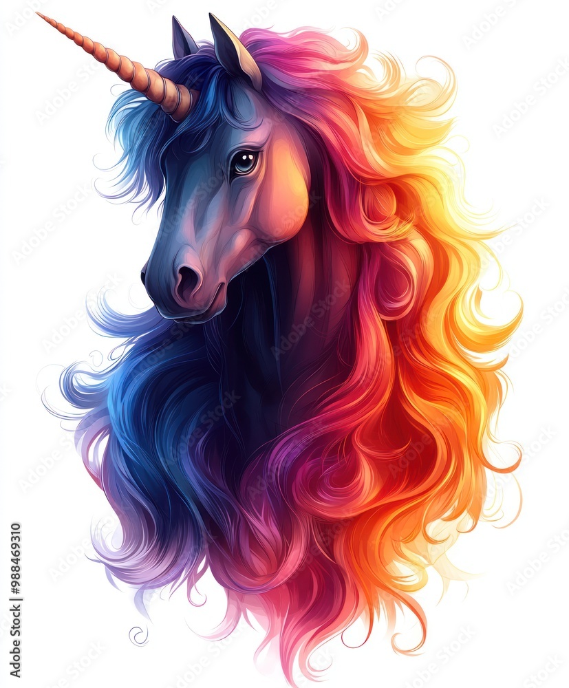 A majestic unicorn with a rainbow mane and a golden horn against a white background.