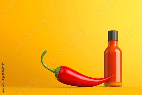 Minimalist illustration of a chili pepper, with bold lines and a hot pepper sauce bottle placed beside it photo