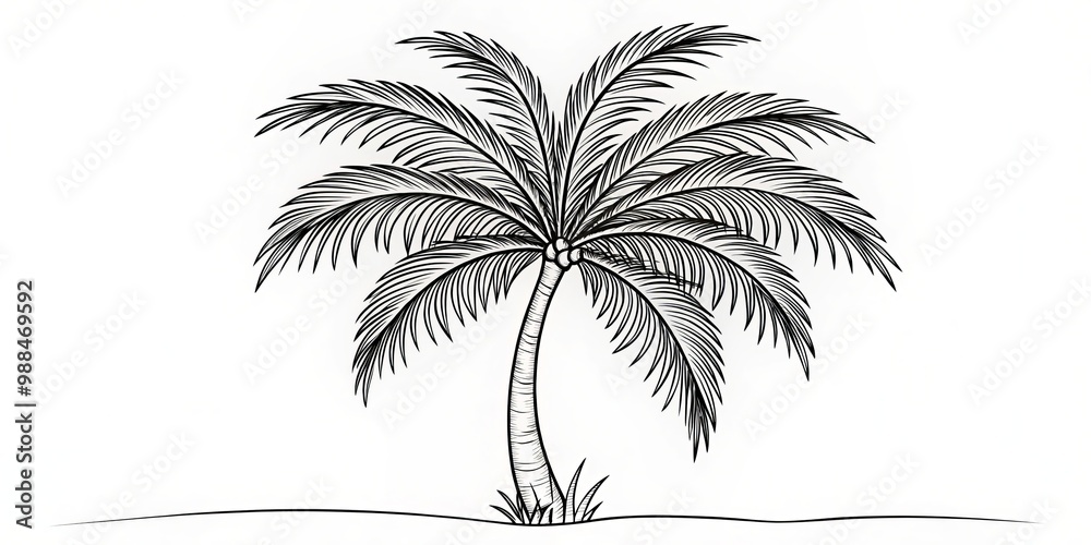 Obraz premium A simple line drawing of a palm tree, its curved trunk and sprawling fan-shaped leaves emerging from a