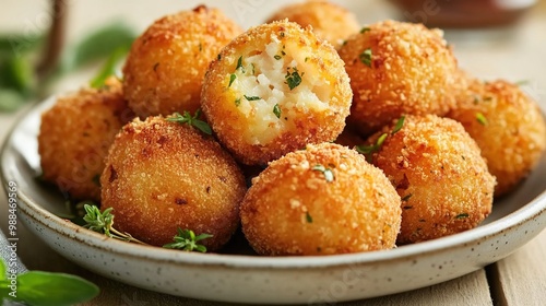  A plate of fried cheddar cheese balls, a close-up shot with natural lighting 