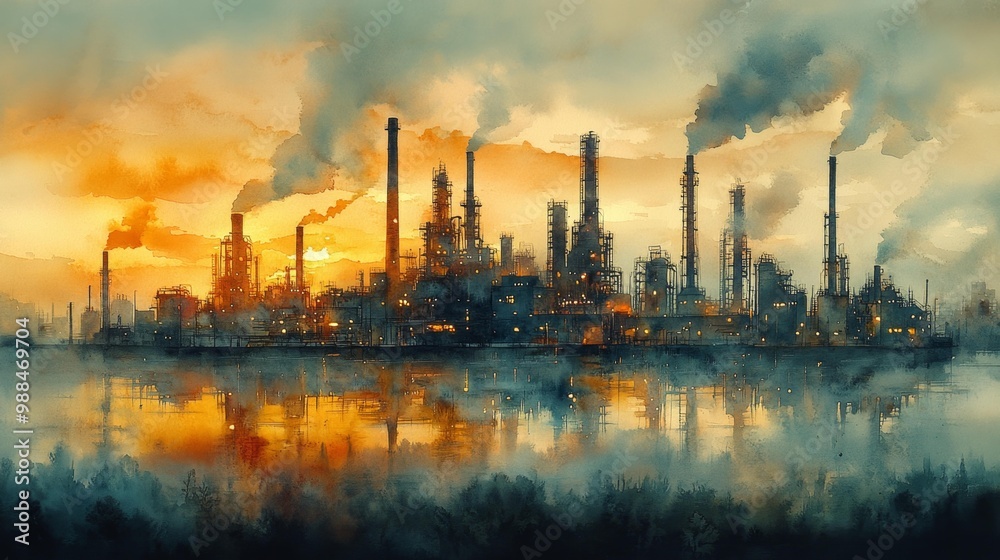 Industrial Cityscape at Sunset with Smoke and Reflections Generative AI Industrial Cityscape at Sunset with Smoke and Reflections Generative AI