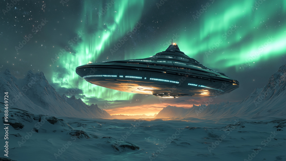 A futuristic spaceship arrives on an Arctic ice rink A futuristic spaceship arrives on an Arctic ice rink