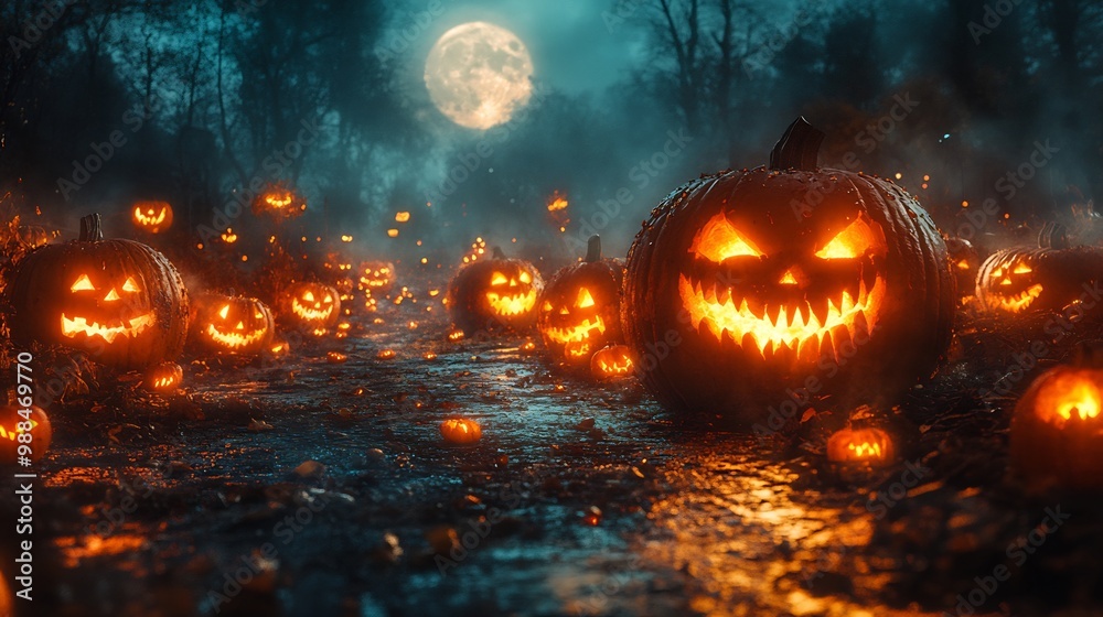 Naklejka premium Glowing Halloween pumpkins under full moon casting eerie shadows on a haunted path