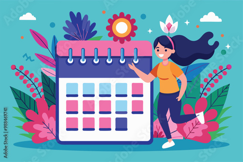 A cheerful young woman joyfully interacts with a customizable menstrual calendar amidst a colorful floral backdrop.