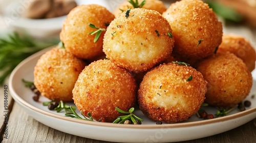  A plate of fried cheddar cheese balls, a close-up shot with natural lighting 