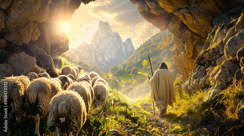 Jesus leads the sheep through the pasture-shaped opening on the left. with space for text 