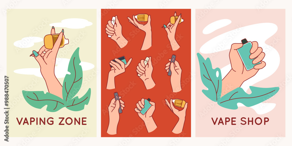 Vape pens cards. Male and female hands holding electronic cigarettes, tobacco smoking simulation, bad habit, modern gadgets, nargile shop posters, cartoon flat isolated illustration vector set Vape pens cards. Male and female hands holding electronic cigarettes, tobacco smoking simulation, bad habit, modern gadgets, nargile shop posters, cartoon flat isolated illustration vector set