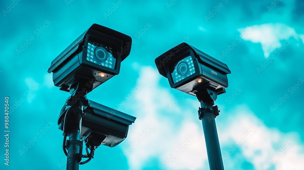 Two security cameras positioned against the sky, captured up close Two security cameras positioned against the sky, captured up close