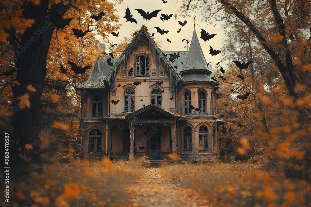 Spooky Abandoned Victorian House in Autumn Illustration Spooky Abandoned Victorian House in Autumn Illustration