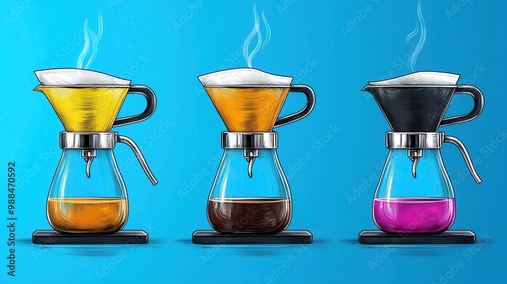 Artistic Hand-Drawn Pour-Over Coffee Process Illustration with Copy Space for Text
