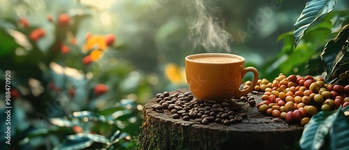 Wallpaper Mural A steaming cup of coffee on a tree stump, surrounded by fresh coffee beans in a lush, misty jungle Torontodigital.ca