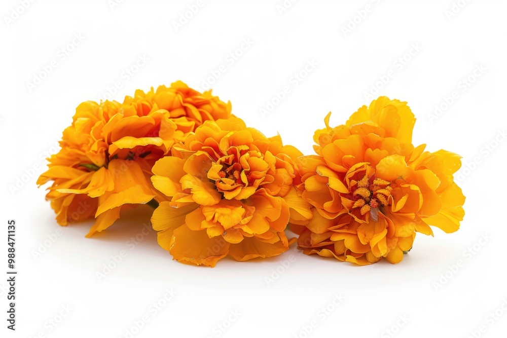 A group of bright yellow flowers sitting on a clean white surface, great for backgrounds or designs A group of bright yellow flowers sitting on a clean white surface, great for backgrounds or designs