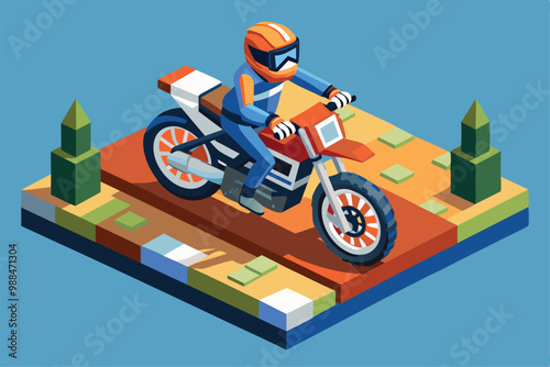 A motocross rider navigates a colorful, customizable isometric landscape filled with obstacles and greenery under clear skies.