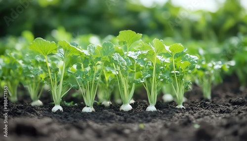 Closeup of turnip plants growing in fertile soil, lush green leaves against a softfocus garden background photo