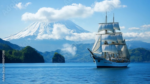 The Shinminato Ohashi Bridge, and a pure white sailing ship, with the Tateyama mountain range in the background. photo