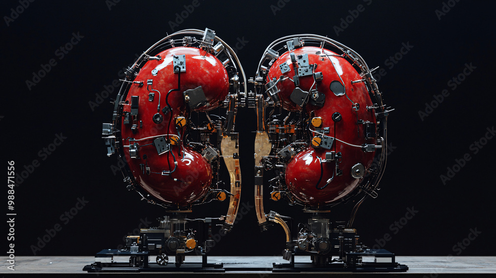 Kidneys. Human kidneys attached to a bioengineered machine. Isolated ...