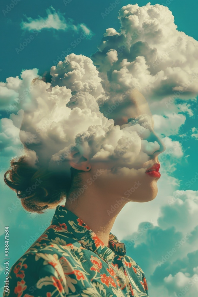 A woman with unusual hair resembling clouds