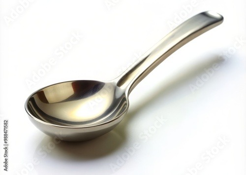 A stainless steel teaspoon's rounded bowl and short, curved handle are showcased in this close-up photo, revealing the