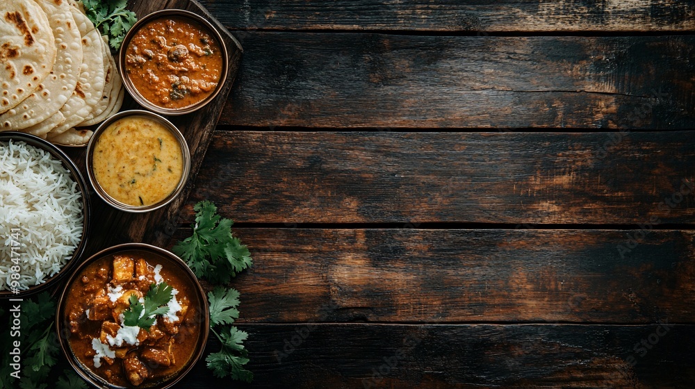 Indian food on rustic wood background. Indian food on rustic wood background.