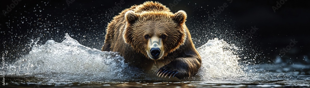 Obraz premium Fierce bear charging through water, dramatic lighting highlighting the power and motion, dark background