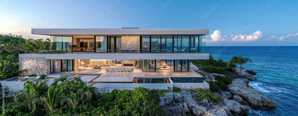 Fototapeta premium A high-definition image of a luxury oceanfront villa with modern architecture, expansive outdoor spaces, and private beach access. The home glass walls and terraces offer breathtaking views of the