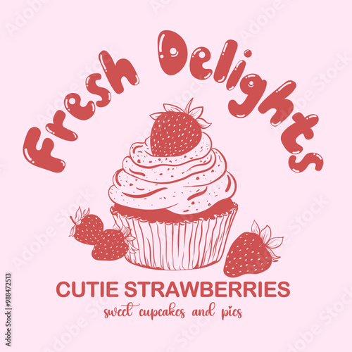 strawberry cupcake illustration with the words "fresh delight", a graphic that can be used for a t shirt, vector illustration