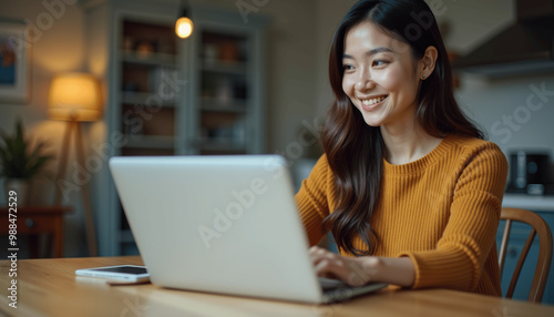 Happy Asian Woman Working on Laptop at Home with Natural Light