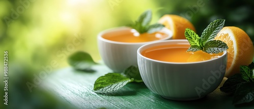 Lemon tea in a white cup with mint leaves on a bright green background