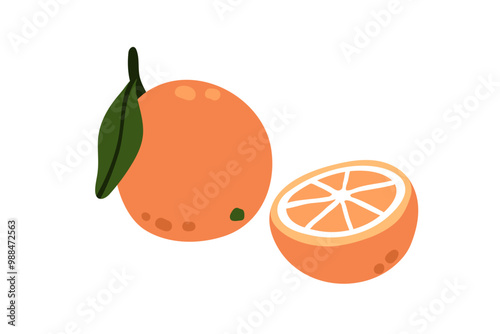 Tangerine fruit, fresh healthy citrus, tropical summer food. Natural vitamin orange clementine, whole and cut half, exotic eating. Flat graphic vector illustration Isolated on white background