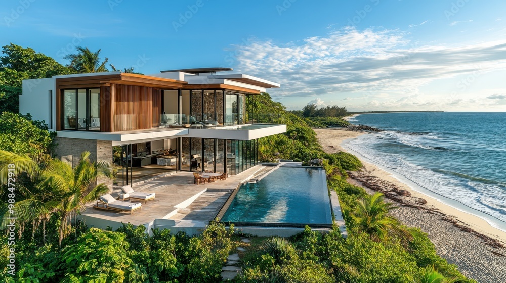 Fototapeta premium A wide-angle shot of a luxury beach house nestled along the shoreline, featuring large terraces, a private pool, and lush tropical landscaping. The modern design and direct access to the beach make