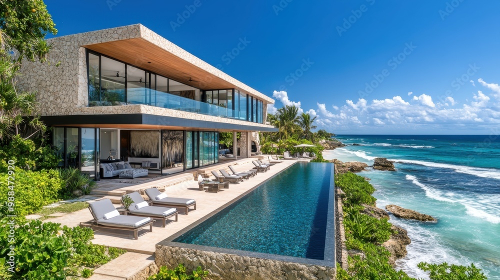 Fototapeta premium A wide-angle shot of a luxury beach house nestled along the shoreline, featuring large terraces, a private pool, and lush tropical landscaping. The modern design and direct access to the beach make