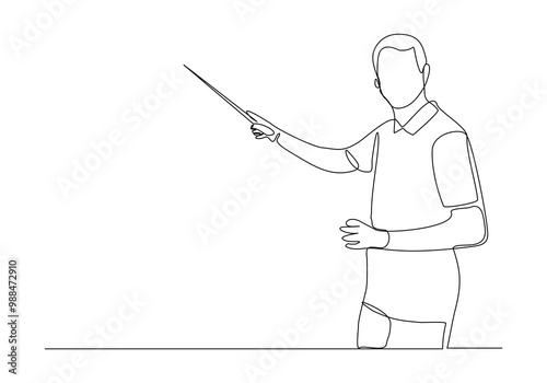 Continuous single line sketch drawing of standing businessman doing presentation pointing with stick explain something. One line art vector illustration