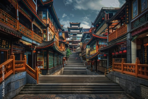 Narrow city street with tall buildings on either side, urban landscape