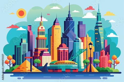 A vibrant illustration showcases New York City's skyline featuring iconic landmarks, colorful architecture, and a lively waterfront atmosphere.
