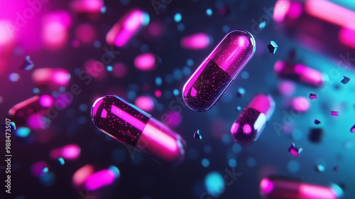 Holographic capsules in geometric harmony, shiny White background, neon reflections, futuristic aesthetic, 3D visualization