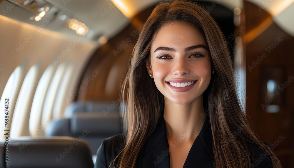 Smiling flight attendant in a luxurious private jet cabin, warm ambient lighting accentuating the plush interior Smiling flight attendant in a luxurious private jet cabin, warm ambient lighting accentuating the plush interior