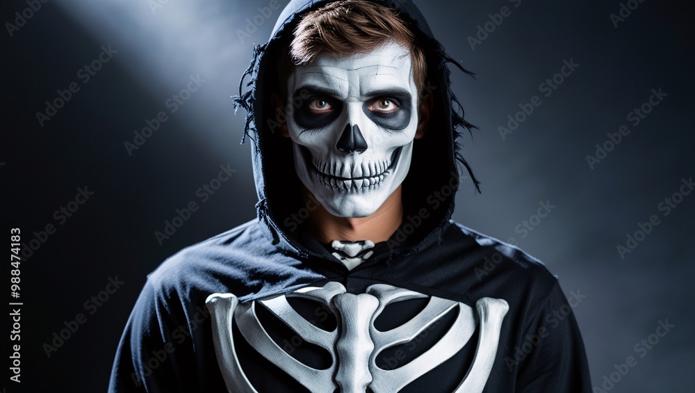 A close-up of a young man in a skeleton costume, with expertly applied face paint and a dark hood, captured with moody lighting to create a spooky atmosphere A close-up of a young man in a skeleton costume, with expertly applied face paint and a dark hood, captured with moody lighting to create a spooky atmosphere