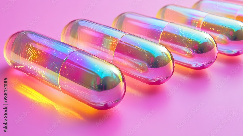 Iridescent capsules glowing with rainbow colors, arranged symmetrically on a bright pink surface, showcasing futuristic elegance Iridescent capsules glowing with rainbow colors, arranged symmetrically on a bright pink surface, showcasing futuristic elegance