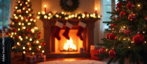 Cozy Christmas Fireplace, Warm Lights, Decorated Christmas Tree, Red Baubles Blurred, Holiday Festive Atmosphere