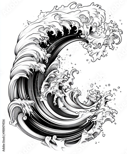 A black and white illustration of a large wave, crashing and breaking, with foam and spray.