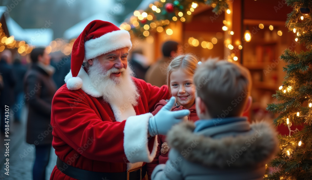 Santa Claus with Kids at a Christmas market festive Holiday fair Celebration tradition Santa Claus with Kids at a Christmas market festive Holiday fair Celebration tradition