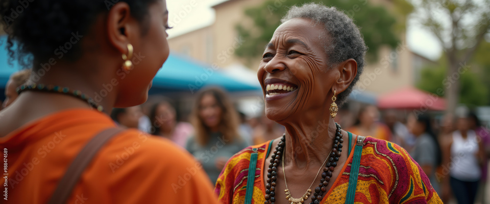 Obraz premium Happy African American Senior Woman Smiling at Camera with Her Daughter in an Outdoor Market Summer Vibes Family, Generation, Senior citizen with a Smile.