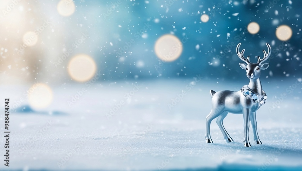 Magical Frozen Landscape with Silver Crystal Adorned Reindeer and Glowing Snowflakes.