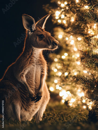 Kangaroo rests beside a beautifully decorated Christmas tree, radiating holiday cheer and adding a whimsical touch to the scene photo