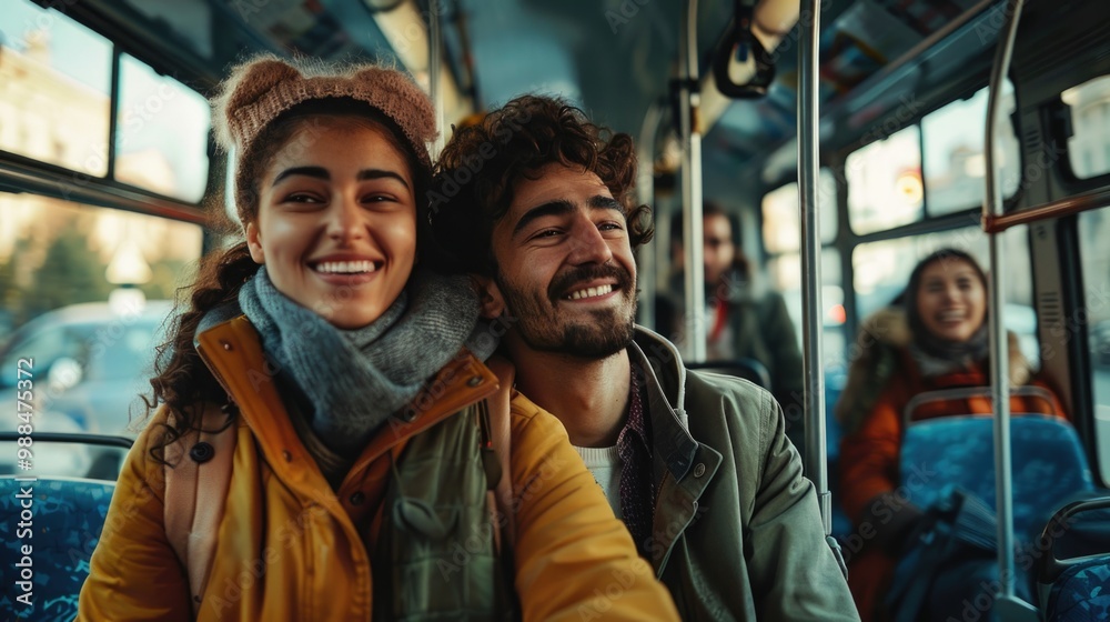 Couple sitting on a bus, ready for their journey Couple sitting on a bus, ready for their journey