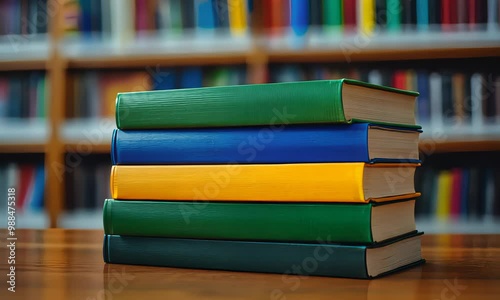 Wallpaper Mural A stack of colorful books on a wooden table in a library, symbolizing knowledge, learning, and education. Torontodigital.ca
