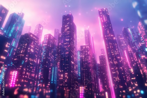 Wallpaper Mural Futuristic skyscrapers with neon lights, cyberpunk, chrome and neon, digital rendering Torontodigital.ca