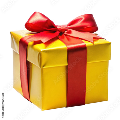 Elegant Christmas gift box with white wrapping and a satin red ribbon on transparent background 